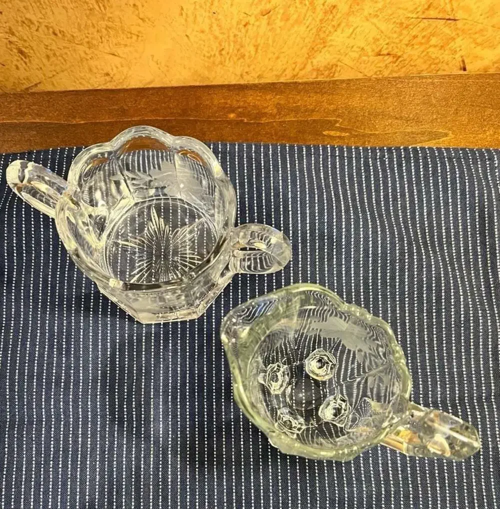 Vintage Etched Floral Indiana Glass Footed Sugar and Creamer Set